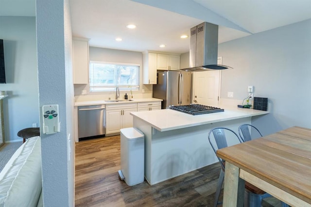 2133 Manchester Ave, Escondido, CA 92027 - kitchen featuring stainless steel appliances, ventilation hood, a peninsula, white cabinets, and dark wood-style floors