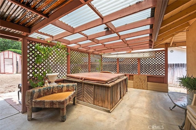 1500 Country Club Dr, Riverside, CA 92506 - view of patio with a shed, a hot tub, and a pergola