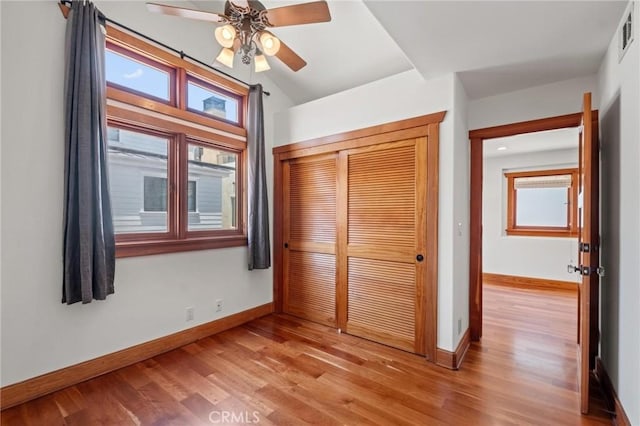 401 8th St, Manhattan Beach, CA 90266 - unfurnished bedroom with a closet, light wood-type flooring, lofted ceiling, and a ceiling fan