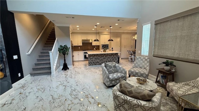 7449 Solstice Pl, Rancho Cucamonga, CA 91739 - living room featuring ornamental molding, stairs, light marble finish floors, and recessed lighting