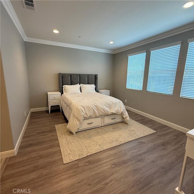 7449 Solstice Pl, Rancho Cucamonga, CA 91739 - bedroom with recessed lighting, ornamental molding, and dark wood-style floors
