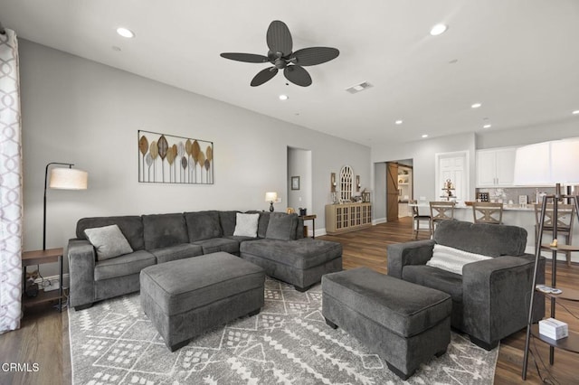508 Autumn Path Ln, Santa Paula, CA 93060 - living room featuring wood finished floors, ceiling fan, and recessed lighting