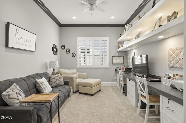 508 Autumn Path Ln, Santa Paula, CA 93060 - office featuring crown molding, a ceiling fan, recessed lighting, and light colored carpet