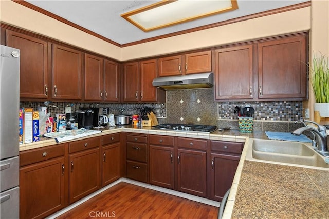 2306 Apion Ct, Paso Robles, CA 93446 - kitchen featuring under cabinet range hood, appliances with stainless steel finishes, dark wood-style floors, decorative backsplash, and ornamental molding
