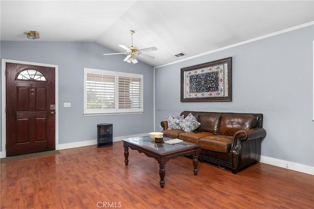 2306 Apion Ct, Paso Robles, CA 93446 - living area with a ceiling fan, wood finished floors, and lofted ceiling