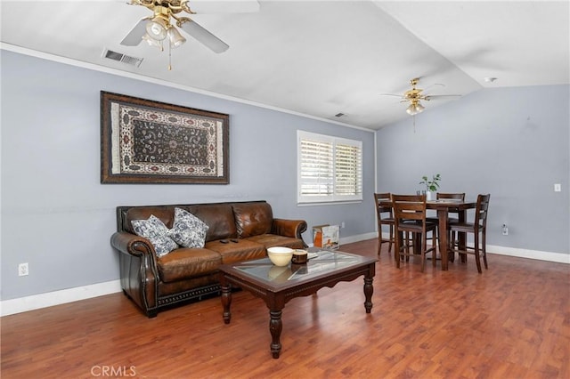 2306 Apion Ct, Paso Robles, CA 93446 - living room with a ceiling fan, wood finished floors, crown molding, and lofted ceiling