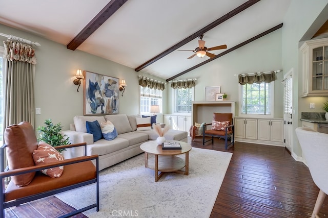 9230 Whitney Way, Cypress, CA 90630 - living area featuring beam ceiling, a ceiling fan, dark wood-style flooring, and high vaulted ceiling