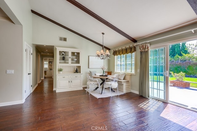 9230 Whitney Way, Cypress, CA 90630 - dining space featuring a chandelier, dark wood finished floors, beam ceiling, and high vaulted ceiling