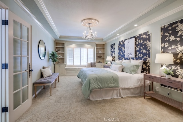 9230 Whitney Way, Cypress, CA 90630 - carpeted bedroom featuring ornamental molding, a chandelier, and a raised ceiling