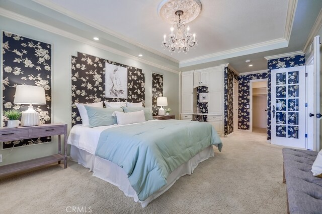 9230 Whitney Way, Cypress, CA 90630 - bedroom with a chandelier, light colored carpet, a raised ceiling, crown molding, and recessed lighting