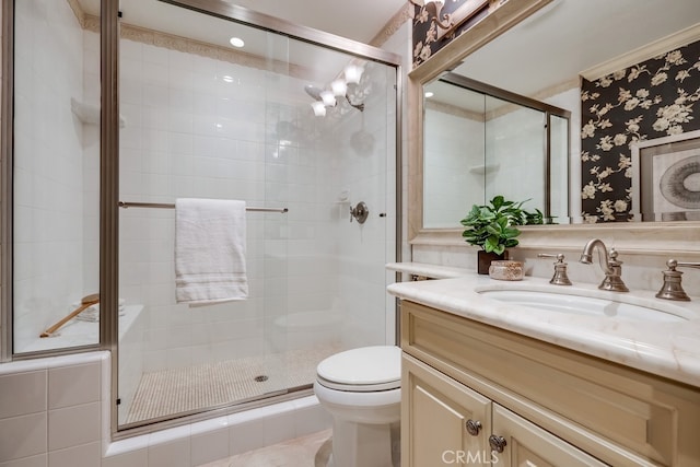 9230 Whitney Way, Cypress, CA 90630 - full bathroom featuring vanity, a shower stall, and wallpapered walls
