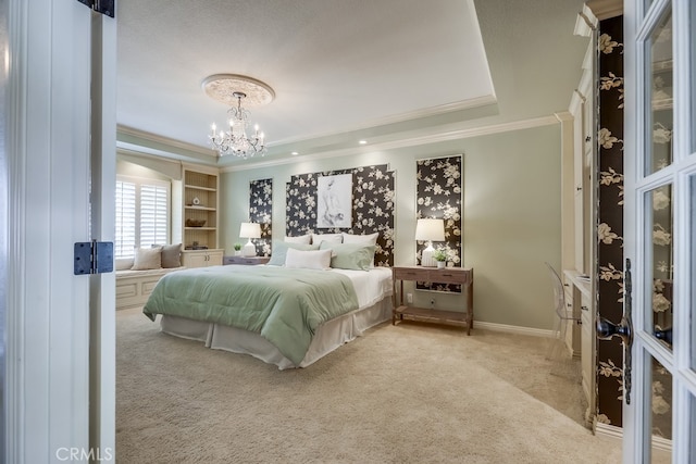 9230 Whitney Way, Cypress, CA 90630 - carpeted bedroom with crown molding, a chandelier, and a raised ceiling