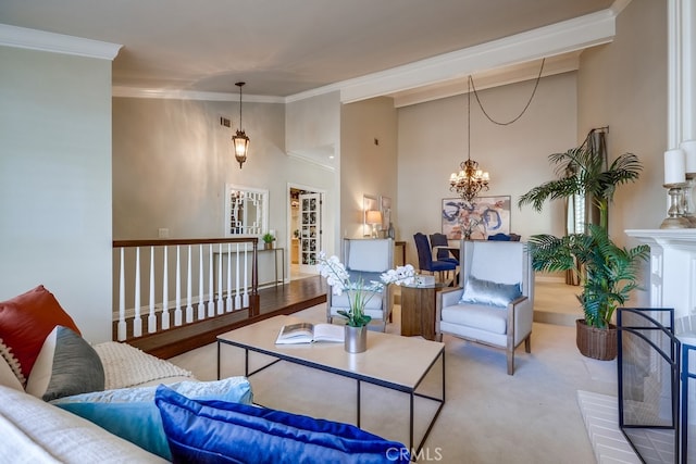 9230 Whitney Way, Cypress, CA 90630 - living room featuring a chandelier, carpet floors, ornamental molding, and a high ceiling