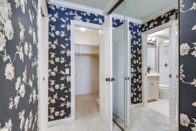 9230 Whitney Way, Cypress, CA 90630 - bathroom with crown molding, a shower with door, vanity, and a spacious closet
