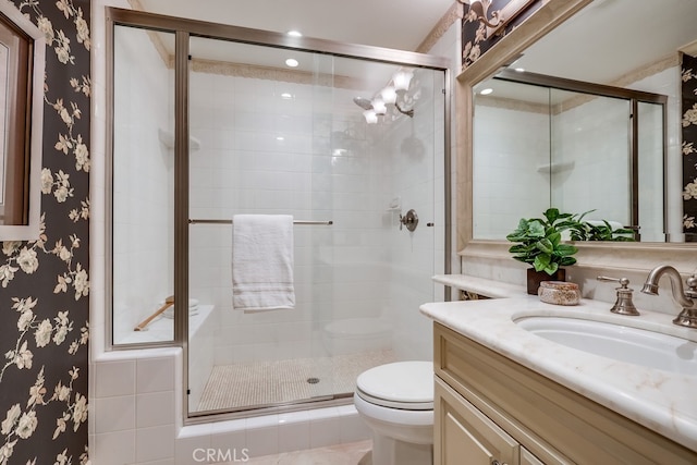 9230 Whitney Way, Cypress, CA 90630 - full bath featuring wallpapered walls, vanity, and a stall shower