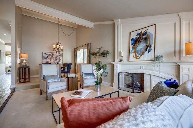 9230 Whitney Way, Cypress, CA 90630 - living room with a fireplace, a chandelier, crown molding, and light carpet