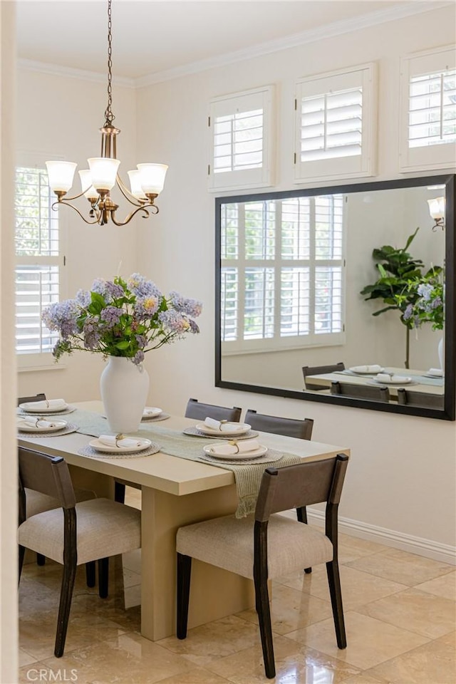 4450 Autumn Glow Ct, Chino Hills, CA 91709 - dining area featuring a chandelier, healthy amount of natural light, ornamental molding, and light tile patterned flooring