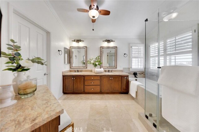 4450 Autumn Glow Ct, Chino Hills, CA 91709 - full bath with crown molding, double vanity, a bath, a ceiling fan, and a stall shower
