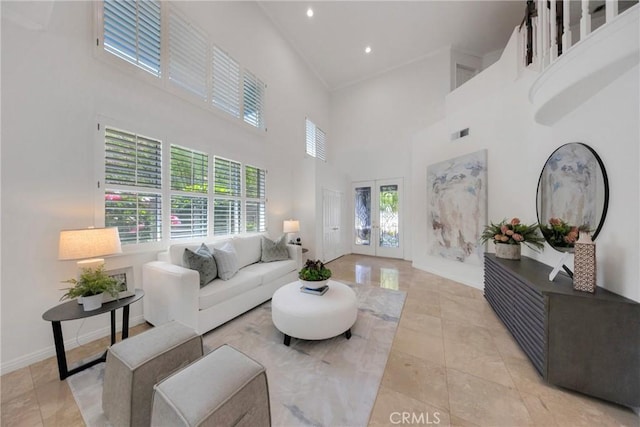 4450 Autumn Glow Ct, Chino Hills, CA 91709 - living room featuring a towering ceiling, light tile patterned floors, and recessed lighting