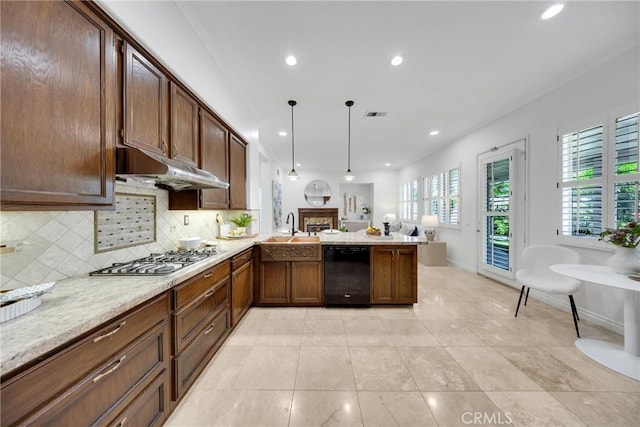 4450 Autumn Glow Ct, Chino Hills, CA 91709 - kitchen featuring dishwasher, stainless steel gas stovetop, under cabinet range hood, a peninsula, and open floor plan