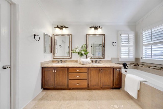 4450 Autumn Glow Ct, Chino Hills, CA 91709 - bathroom featuring double vanity, a bath, crown molding, and tile patterned flooring