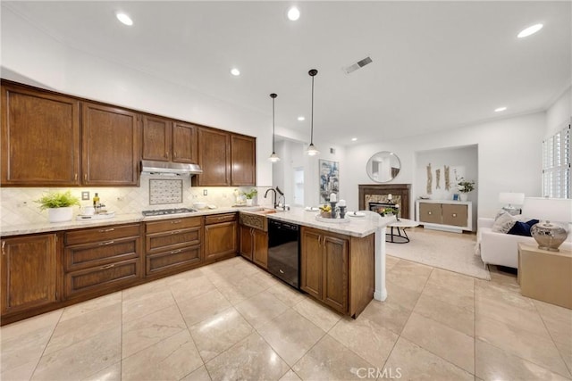 4450 Autumn Glow Ct, Chino Hills, CA 91709 - kitchen with dishwasher, under cabinet range hood, open floor plan, backsplash, and a peninsula