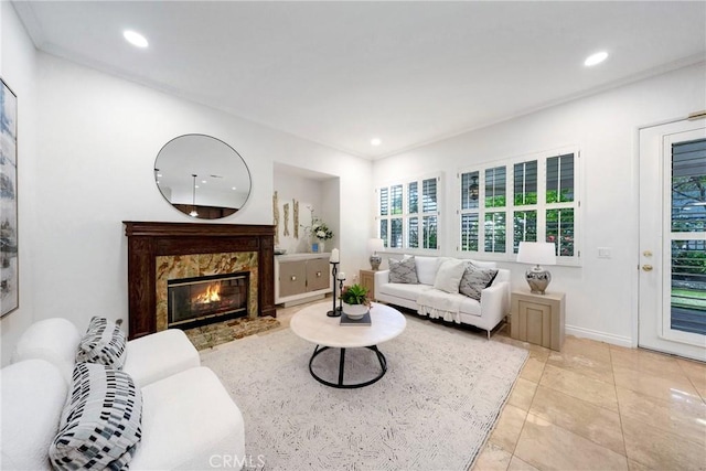 4450 Autumn Glow Ct, Chino Hills, CA 91709 - living room with recessed lighting, a high end fireplace, and light tile patterned floors