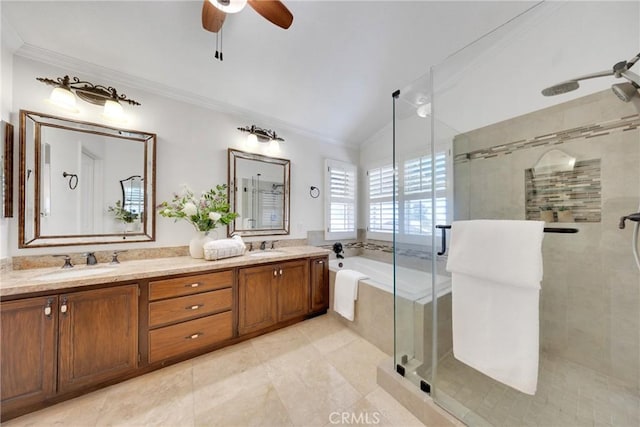4450 Autumn Glow Ct, Chino Hills, CA 91709 - bathroom with crown molding, a ceiling fan, a shower stall, double vanity, and a bath