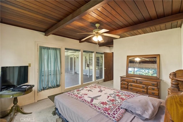 1603 Colusa St, Corning, CA 96021 - bedroom with carpet floors, access to exterior, a wood ceiling with exposed beams, and ceiling fan