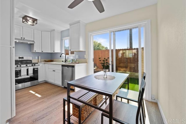 1157 Emerald Ave, El Cajon, CA 92020 - kitchen featuring stainless steel appliances, under cabinet range hood, light wood-type flooring, and white cabinets