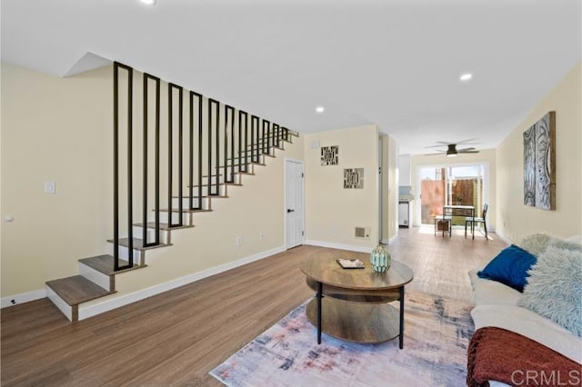 1157 Emerald Ave, El Cajon, CA 92020 - living area featuring wood finished floors, stairs, ceiling fan, and recessed lighting