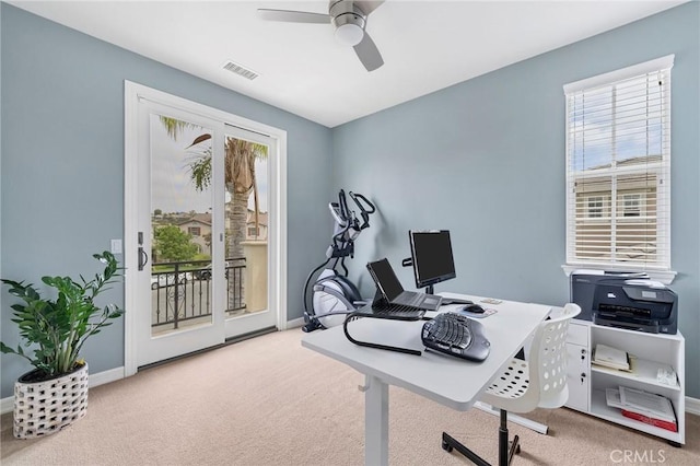 46379 Canyon Crest Ct, Temecula, CA 92592 - home office featuring ceiling fan, carpet floors, and healthy amount of natural light