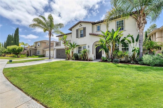 46379 Canyon Crest Ct, Temecula, CA 92592 - mediterranean / spanish home featuring concrete driveway, stucco siding, a garage, a front yard, and a residential view