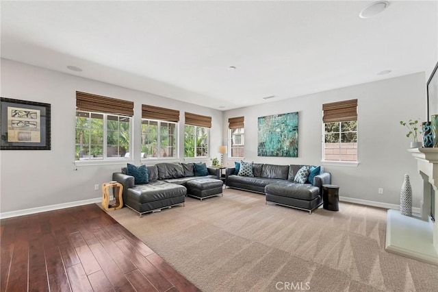 46379 Canyon Crest Ct, Temecula, CA 92592 - living area with plenty of natural light, a fireplace with raised hearth, and wood finished floors