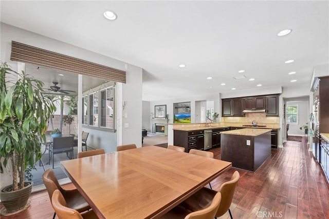 46379 Canyon Crest Ct, Temecula, CA 92592 - dining space featuring a ceiling fan, recessed lighting, and dark wood finished floors
