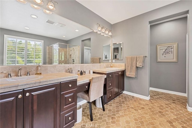 46379 Canyon Crest Ct, Temecula, CA 92592 - full bathroom featuring double vanity, a shower stall, and recessed lighting
