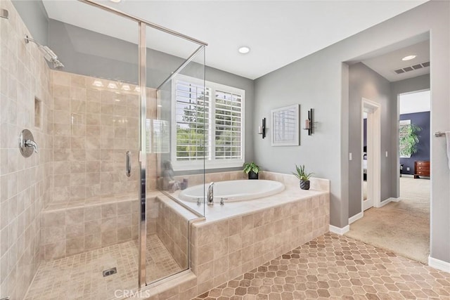 46379 Canyon Crest Ct, Temecula, CA 92592 - full bath featuring a bath, a stall shower, and recessed lighting