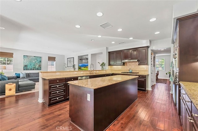 46379 Canyon Crest Ct, Temecula, CA 92592 - kitchen featuring dark wood-type flooring, a peninsula, a center island, open floor plan, and recessed lighting
