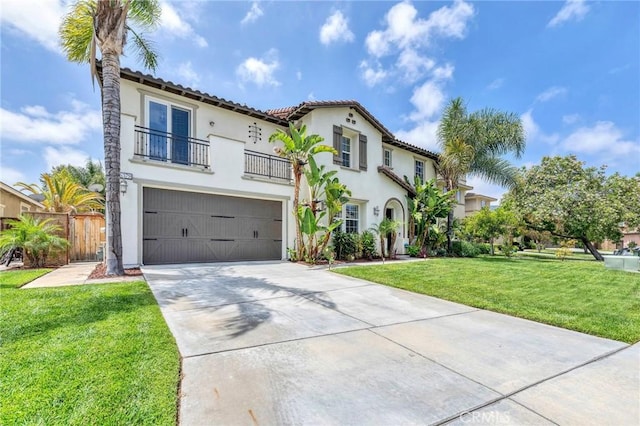 46379 Canyon Crest Ct, Temecula, CA 92592 - mediterranean / spanish-style house with a balcony, stucco siding, a garage, concrete driveway, and a tiled roof