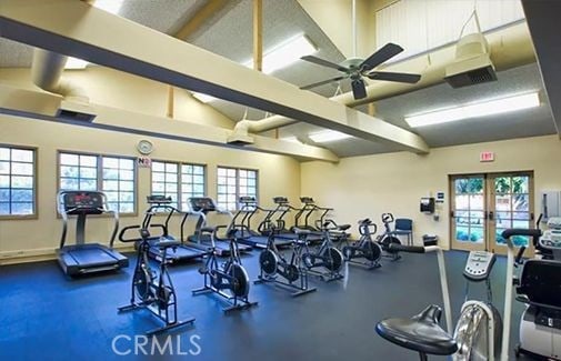 3205 Via Buena Unit B, Laguna Woods, CA 92637 - exercise room with plenty of natural light, ceiling fan, and french doors