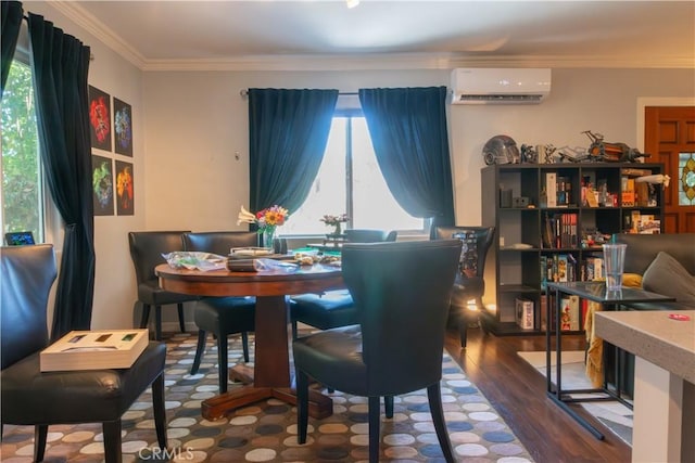 3801 Whiteside St, Los Angeles, CA 90063 - dining room with a wall mounted air conditioner, wood finished floors, and ornamental molding