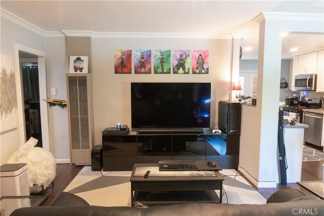 3801 Whiteside St, Los Angeles, CA 90063 - living room featuring a heating unit, ornamental molding, and wood finished floors