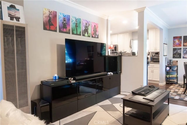 3801 Whiteside St, Los Angeles, CA 90063 - living room with a heating unit, ornamental molding, and recessed lighting