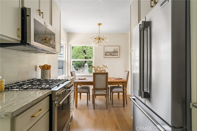2721 184th St, Redondo Beach, CA 90278 - kitchen featuring high end appliances, a chandelier, decorative backsplash, light wood finished floors, and glass insert cabinets