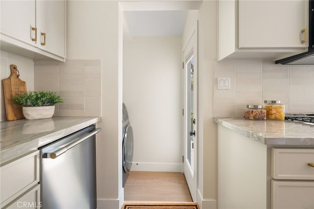 2721 184th St, Redondo Beach, CA 90278 - kitchen with stainless steel dishwasher, backsplash, light wood finished floors, and light stone countertops