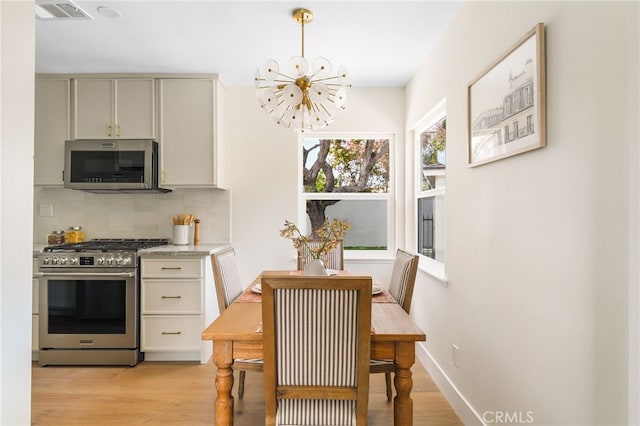 2721 184th St, Redondo Beach, CA 90278 - kitchen with appliances with stainless steel finishes, a chandelier, backsplash, light wood-style floors, and light countertops