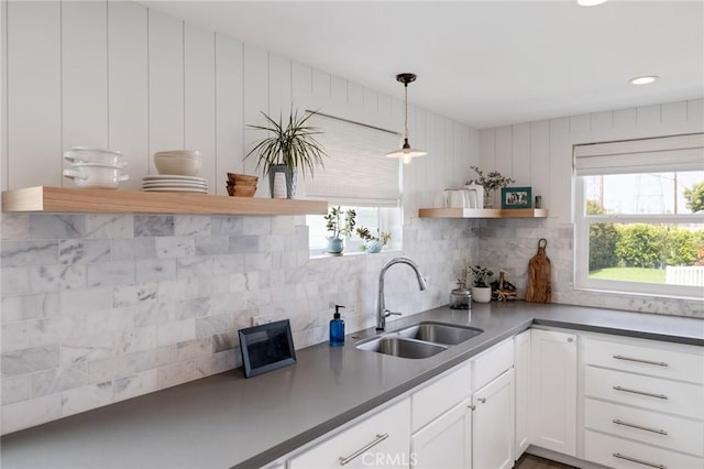 19125 Anza Ave, Torrance, CA 90503 - kitchen featuring open shelves, tasteful backsplash, white cabinets, decorative light fixtures, and dark countertops