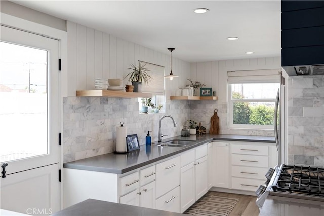 19125 Anza Ave, Torrance, CA 90503 - kitchen with open shelves, stove, decorative backsplash, white cabinetry, and light wood finished floors