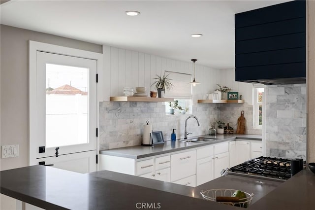 19125 Anza Ave, Torrance, CA 90503 - kitchen with open shelves, tasteful backsplash, dark countertops, white cabinetry, and recessed lighting
