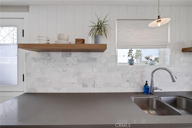 19125 Anza Ave, Torrance, CA 90503 - kitchen featuring dark countertops, tasteful backsplash, pendant lighting, and open shelves